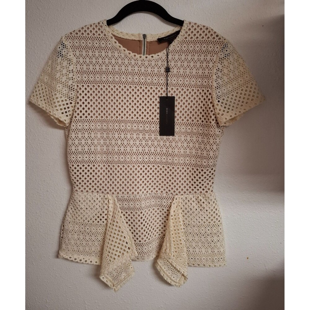 NWT~ BCBG MAXAZRIA "Vicktoria" Ivory Perforated Asymmetric Peplum Top Blouse M